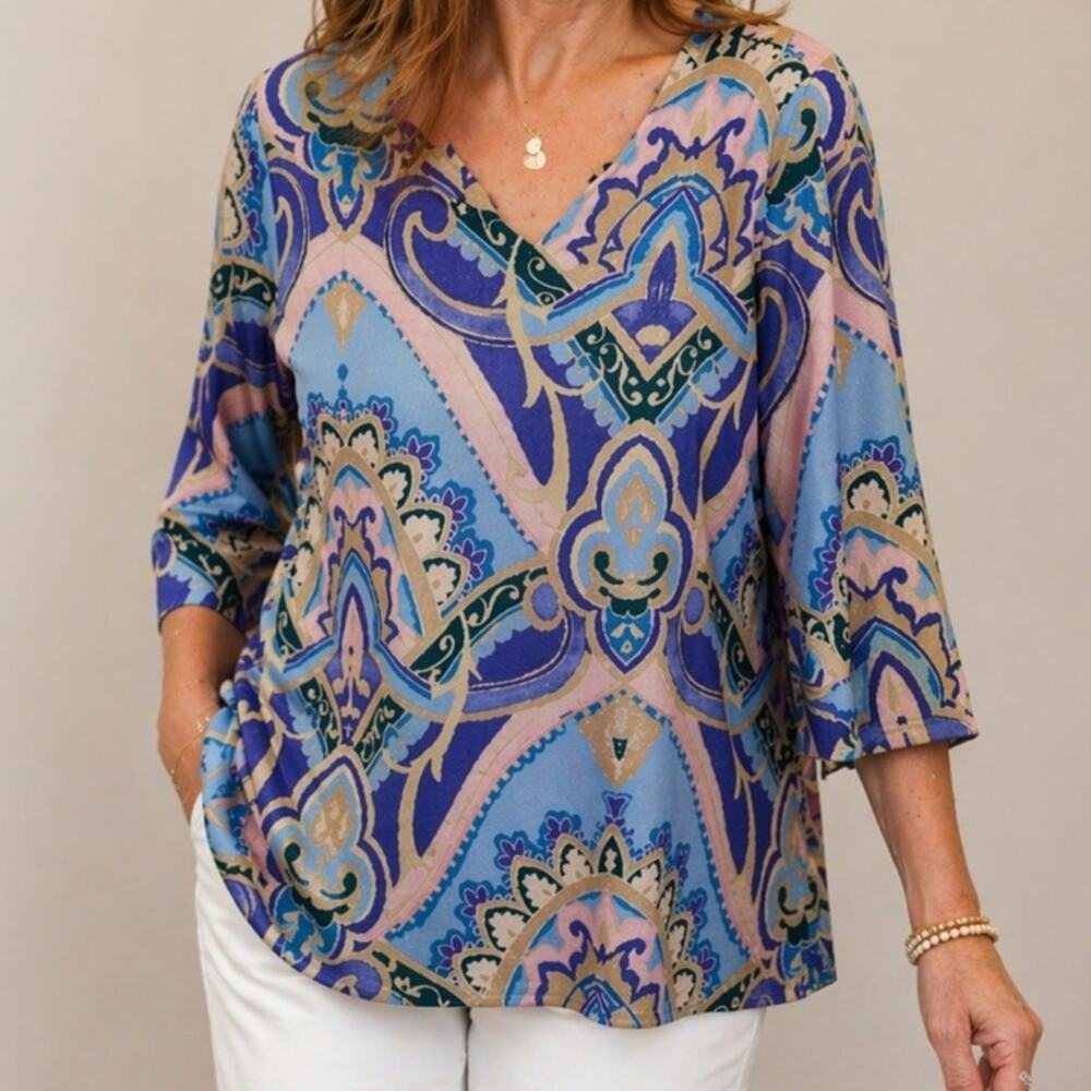 Chicos Knit Top Shimmer Colorful Paisley  XL 3/4 Sleeve Pullover Party Event